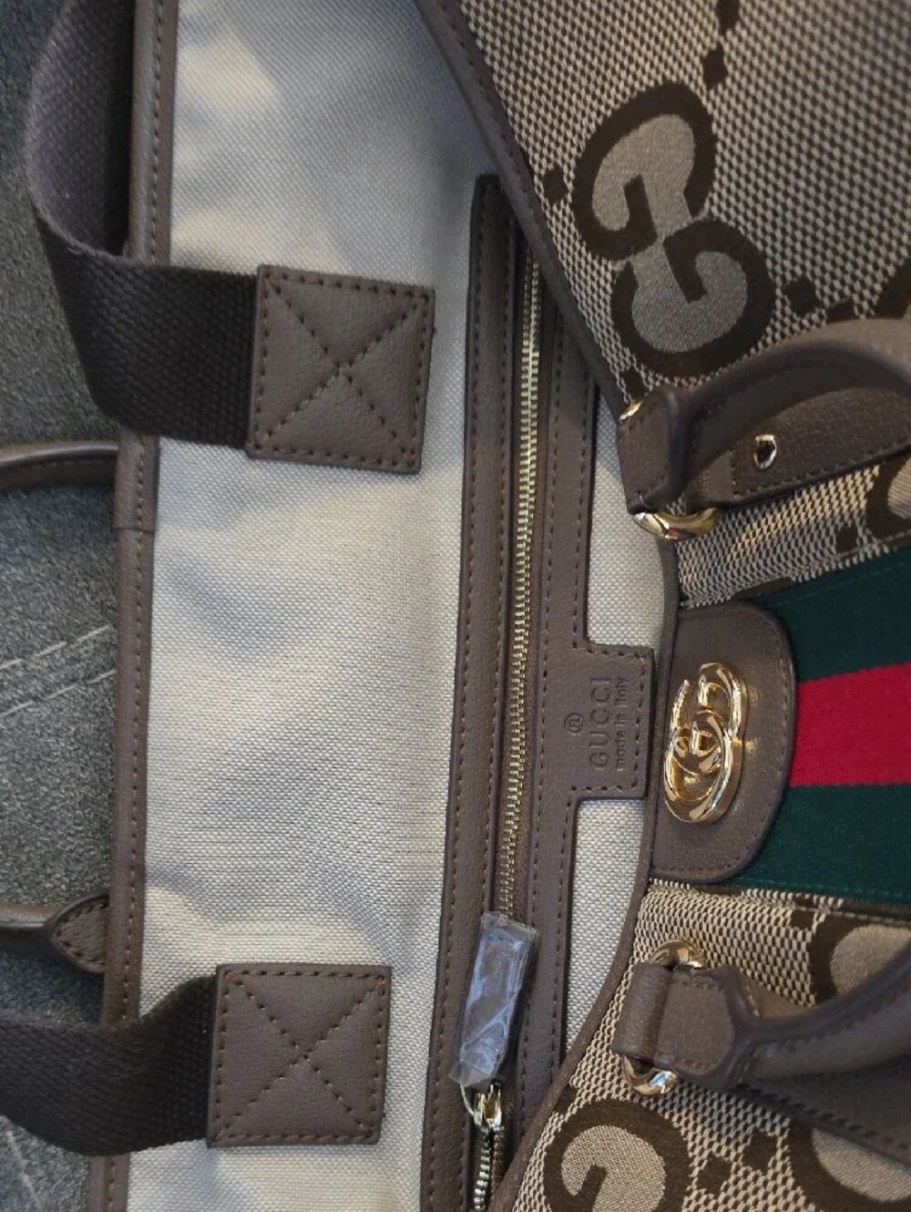 Gucci Brown GG Canvas Tote with Green and Red Web Stripe